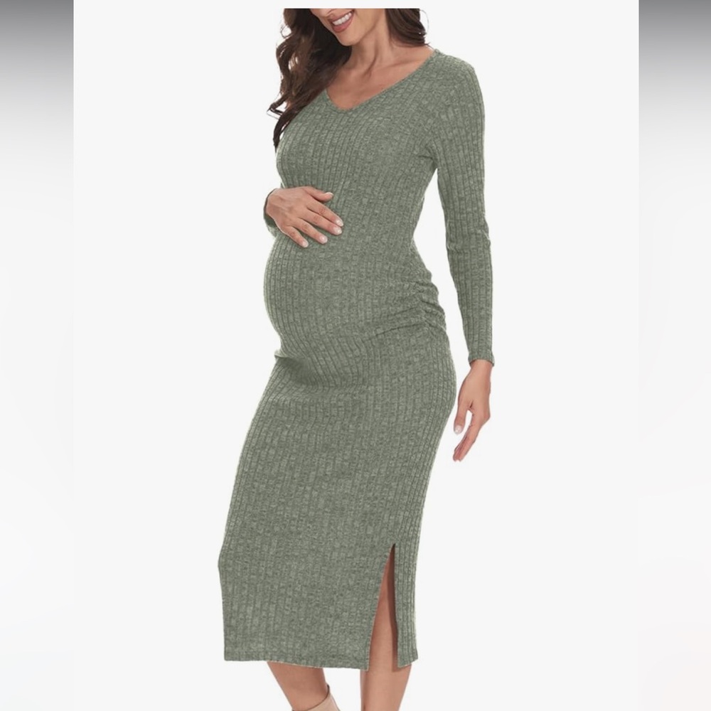 Green Ribbed Maternity Dress